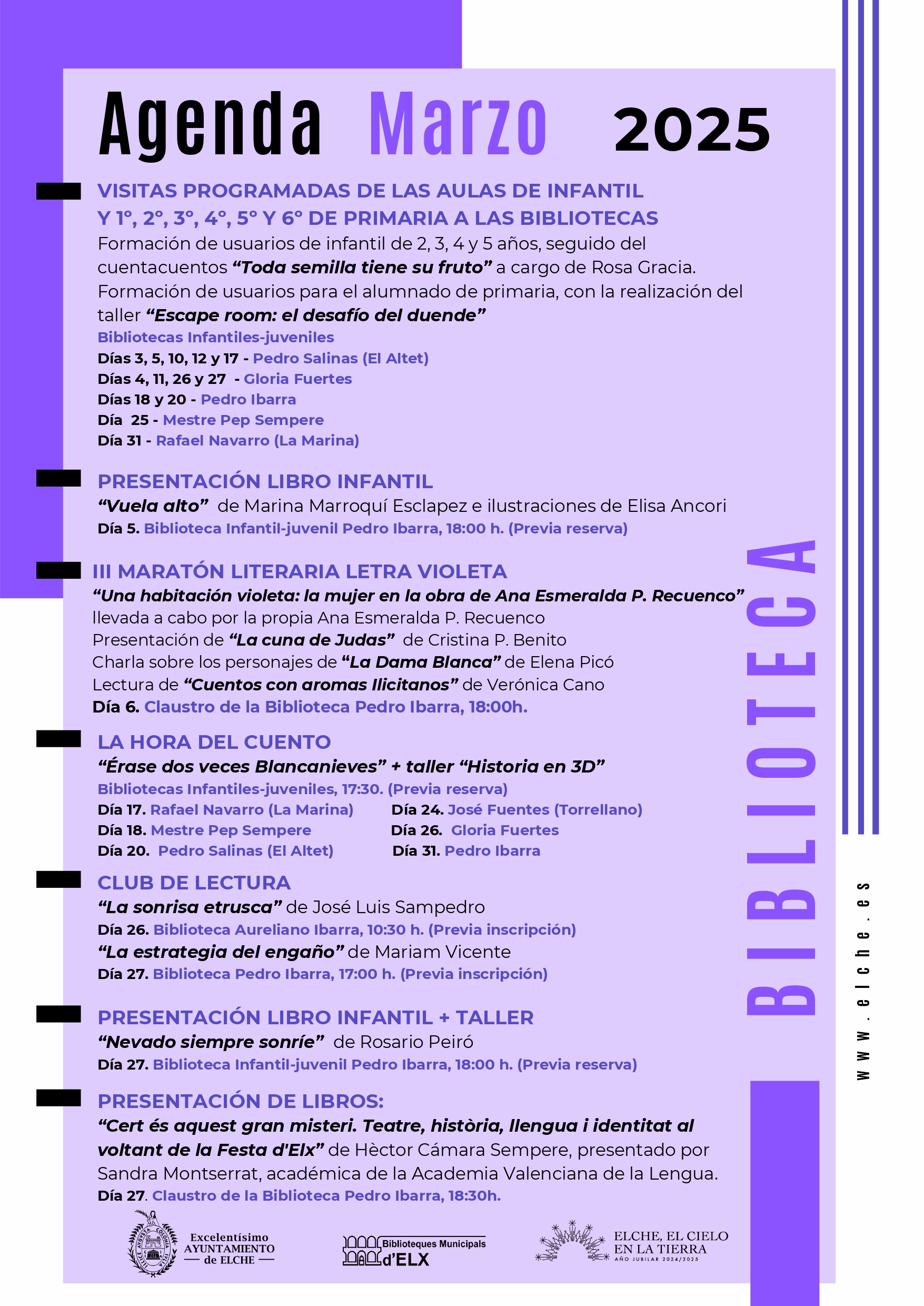 La programación de marzo de la Red de Bibliotecas Municipales de Elche llega con actividades para los más pequeños y las más pequeñas